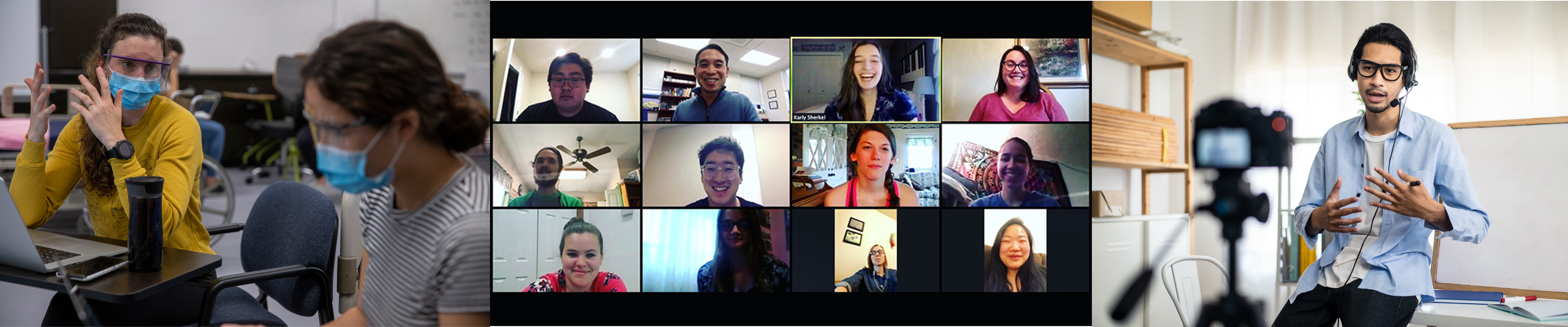 Banner image depicting three image of remote learning: students in masks and face shields in a classroom; a zoom call with 12 participants; man in glasses and headset recording himself speaking.